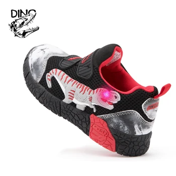 Динозавры, Осенняя детская обувь для мальчиков, Сетчатая дышащая детская светодиодная подсветка, Светящиеся кроссовки T-Rex, Повседневная обувь для девочек, Удобная