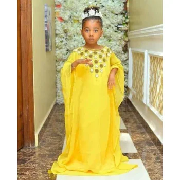 Желтое Королевское платье для девочек, Детская Абайя, Марокканская Длинная рубашка, Детское платье в европейском и американском стиле