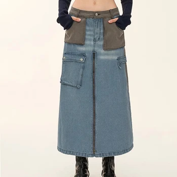 Женская Джинсовая юбка Макси с цветными блоками, Дизайнерская лоскутная Джинсовая юбка-карго с разрезом в стиле Сафари, 2023