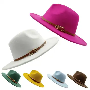 Женская Мужская фетровая шляпа с большими полями, Джазовая кепка, Фетровая шляпа, Панама, Модный Аксессуар для ремня, Джазовая Кепка, Осень-зима, Фетровые шляпы в британском стиле