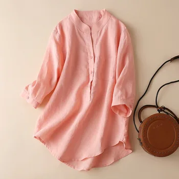 Женская рубашка из хлопка и конопли с коротким рукавом, летний повседневный топ