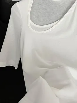Женская трикотажная футболка с неправильным двойным воротником 2022, летняя новинка, женская белая или черная тонкая универсальная футболка с коротким рукавом