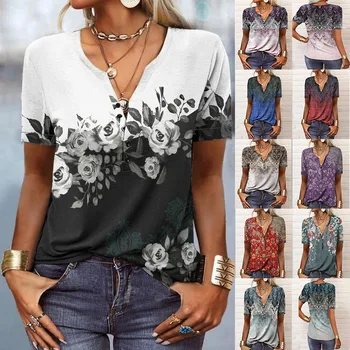 Женская футболка в этническом богемном стиле, Летняя футболка с V-образным вырезом, повседневные винтажные топы с коротким рукавом, пуловер на пуговицах оверсайз