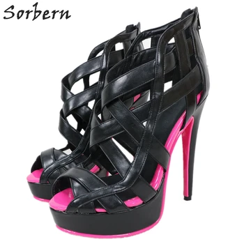 Женские босоножки Sorbern черного цвета на платформе и высоком каблуке, Босоножки на розовой подошве для девочек, летние туфли на платформе и каблуке 8 размера