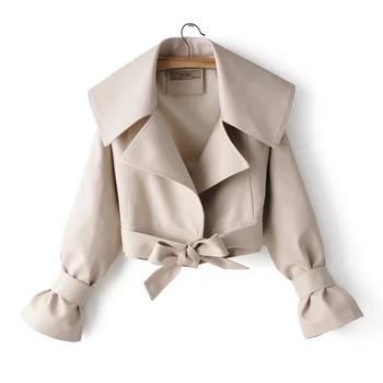 Женские короткие пальто с длинным рукавом, куртки из искусственной кожи, отложной воротник, пояс, галстук-бабочка, полная подкладка, 3 цвета, SML, прямая доставка