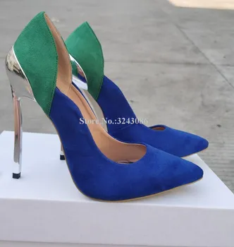 Женские новые туфли-лодочки на металлическом каблуке сине-зеленого цвета, женские пикантные тонкие туфли на шпильке с острым носком, модные настоящие фото, вечерние туфли на каблуке