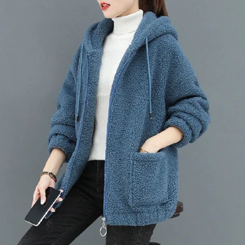 Женские осенне-зимние куртки, модное повседневное пальто из овечьей шерсти, сшитое на молнии с капюшоном, женское корейское пальто, женское