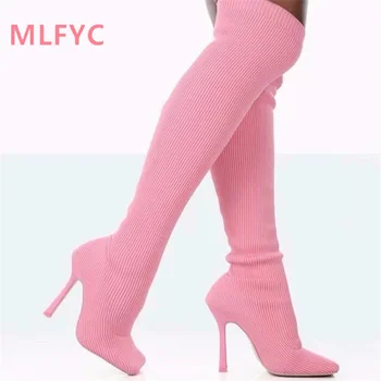 Женские осенне-зимние новые сапоги выше колена на тонком высоком каблуке с эластичными рукавами и квадратным носком mujer Boots