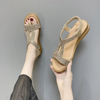 Женские сандалии 2023, стильные женские сандалии, Летние Новые Модные сандалии на плоской подошве с бриллиантами, Женские пляжные тапочки на наклонном каблуке