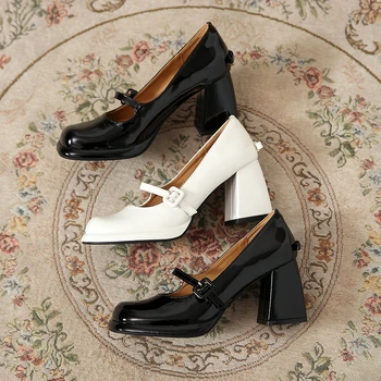 Женские туфли на высоком каблуке Тренд 2023 года, Массивный каблук, платформа, Элегантная вечерняя обувь в корейском стиле в стиле Лолиты Мэри Джейн, белое глянцевое Модное платье