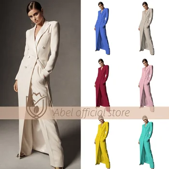 Женский длинный костюм, комплект брюк, Белый двубортный, Элегантный модный дизайн, Широкие брюки, осень-зима, Высокое качество, 2 шт.