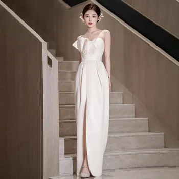 Женское Белое атласное бальное платье с бисером, Сексуальное Простое Свадебное платье с высоким Разрезом