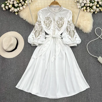 Женское новое Модное платье-стойка с рукавом-фонариком, Белое Элегантное Платье Трапециевидной формы с вырезами, Винтажное повседневное облегающее платье Миди с однотонным поясом, A8005