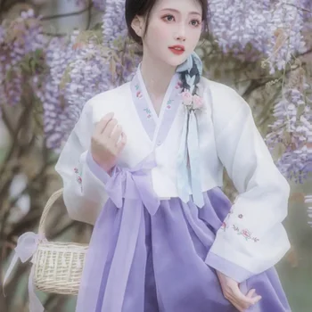 Женское платье Ханбок, Корейский костюм с фиолетовой вышивкой, Женский Корейский Дворцовый костюм для путешествий, костюм для танцевального представления Ханбок