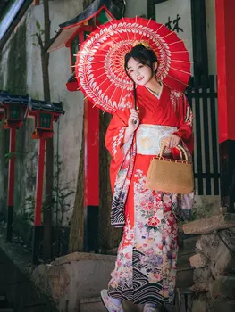 Женское японское традиционное Кимоно красного цвета с длинным рукавом, Формальный костюм Юката для Косплея, одежда для выступлений, Спальный халат