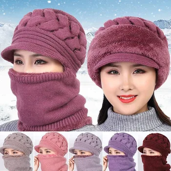 Зимняя шапка из кораллового флиса, шапочки, шарф, теплая дышащая шерстяная вязаная шапка для женщин, Двухслойные защитные шапочки