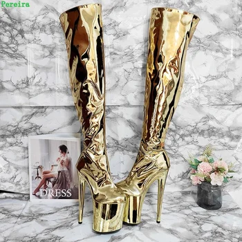 Золотые Сапоги для танцев на шесте; Женская обувь 2022 года на Платформе, с круглым носком, на молнии, на очень тонком Высоком Каблуке 34-46, Большие Размеры, Пикантная Модная Обувь для Вечеринок