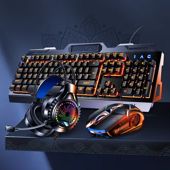 Игровая Клавиатура RGB, игровая клавиатура и мышь, комплект наушников для геймера, USB-проводная Компьютерная клавиатура с подсветкой для ПК, ноутбука 3 In1 Teclado