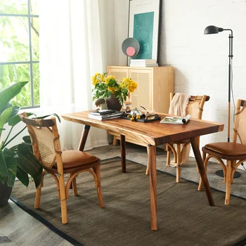 Изделие можно настроить.Обеденный стол из массива дерева в скандинавском стиле для дома, небольшого хозяйства, современный простой обеденный стол из ротанга в винтажном стиле