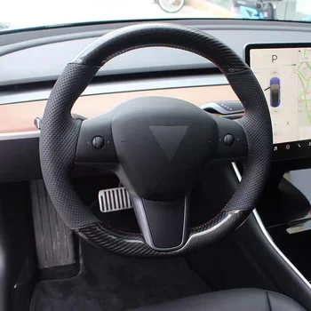 Интерьер DIY 5D Черное Углеродное Волокно и Черная Дыра Кожаный Руль Ручного Шитья Оберточная Бумага Чехол Подходит Для Tesla модель 3 2017-2020