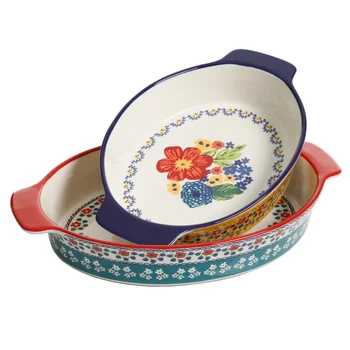 Керамическая овальная форма для выпечки с цветочным рисунком из 2 предметов, форма для выпечки хлеба на тарелке