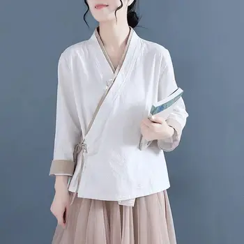 Китайские Традиционные топы в стиле ретро, Китайская Республика, Улучшенная одежда для дзен-чая Hanfu с длинными рукавами, тонкая и элегантная женская одежда