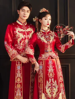 Китайские свадебные Чонсамы с кисточками, Вечернее платье для тостов с вышивкой дракона и Феникса, костюм для Танга Hanfu Qipao