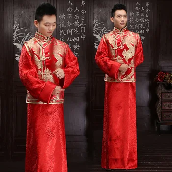 Китайское Традиционное Свадебное платье Жениха Винтажное Мужское Красное Ципао с пуговицами ручной работы, Мужской костюм для брака, Костюм Тан, Одежда XS-XL