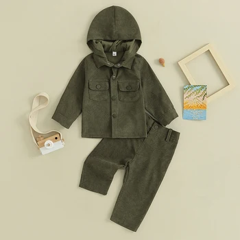 Комплект одежды из 2 предметов для девочек и мальчиков, куртка с капюшоном и пуговицами с длинными рукавами и брюками, комплект одежды