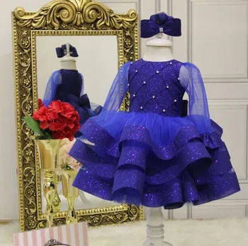 Королевское синее платье для маленьких девочек из пышного тюля с бантом Длиной до колен, платья в цветочек для девочек, детское праздничное платье на День рождения