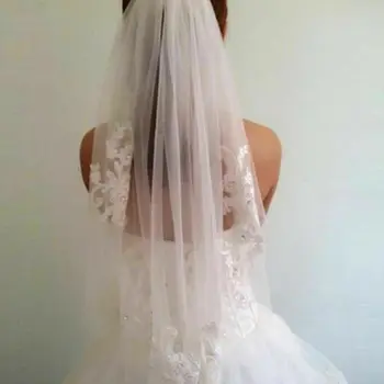 Короткие свадебные вуали с кружевной аппликацией цвета слоновой кости белого цвета длиной 1 т + расческа