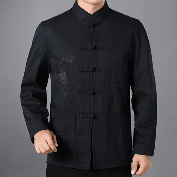 Костюм Тан, длинная куртка с вышивкой Дракона, Синий Чонсам, традиционная китайская одежда для мужчин, верхняя одежда с длинным рукавом