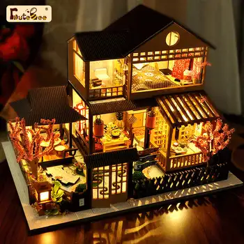 Кукольный домик Cutebee DIY Kit 1/48 Японское здание Миниатюрные кукольные домики с мебелью Светодиодные фонари для детского подарка на день рождения