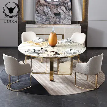 Легкий и роскошный круглый стол из золотого мрамора Pandora с поворотным столом для домашнего ресторана современная простота