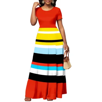 Летнее Модное платье в полоску с принтом, Женское платье-футболка с круглым вырезом и коротким рукавом, повседневное женское платье свободного кроя