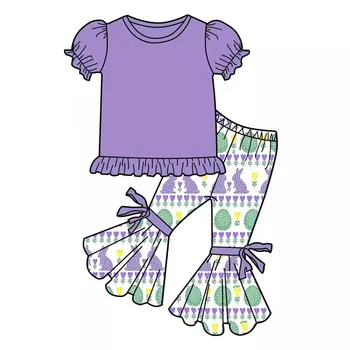 Летние Комплекты одежды для маленьких девочек, Милые Фиолетовые футболки с коротким рукавом + расклешенные брюки с принтом