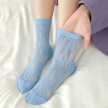 Летние Тонкие сетчатые носки для женщин, дышащие носки из ледяного шелка для девочек, повседневные хлопковые короткие носки ярких цветов в японском стиле
