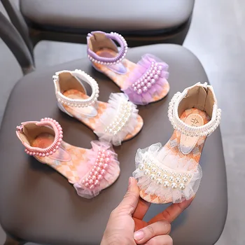Летние детские модные сандалии; Обувь Принцессы со стразами для девочек; Детские пляжные сандалии с кружевным жемчугом и цветочным узором; Размеры 21-36 G605