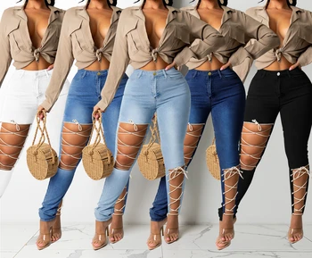 Летние женские эластичные облегающие креативные бандажные джинсы, Женские Повседневные универсальные брюки для поездок на работу