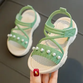 Летние сандалии с жемчугом для девочек, Новинка 2023, Милые Зелено-Розовые Сандалии Принцессы для маленьких девочек, Детская Повседневная обувь на плоской подошве, Уличная детская обувь