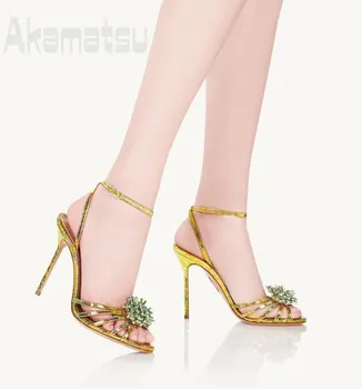 Летняя обувь со стразами в форме цветка, Новинка 2023, женские босоножки черного золотистого цвета в стиле Ретро, Уличная одежда, Обувь для вечеринок, танцев