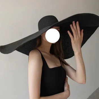 Летняя соломенная шляпа с большими полями 25 см Для женщин, Модная Пляжная солнцезащитная шляпа Большого размера, Складная Переносная кепка с защитой от ультрафиолета