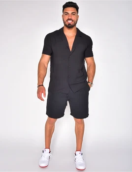 Лето 2023, Новый мужской классический модный однотонный хлопковый льняной мужской повседневный костюм из двух предметов большого размера, удобный высококачественный костюм