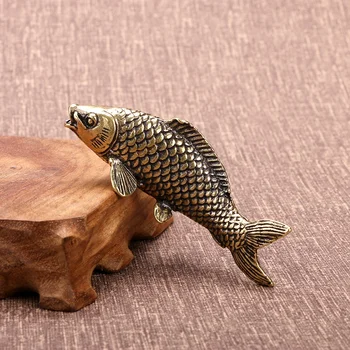 Миниатюрная модель Рыбы из цельной Латуни, имитирующая Карпа, Чайное животное, Антикварные украшения для рабочего стола по Фен-Шуй, Аксессуары для украшения дома