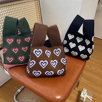 Модная вязаная сумка в форме сердца в Японском Стиле, ретро Женская сумка, Дизайнерская Женская тканая сумка для покупок, дорожная сумка