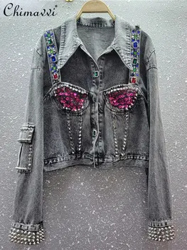 Модная серая джинсовая куртка в стиле ретро, Женская 2023, Весенняя новинка, Однобортный короткий топ с бриллиантами, женский топ с длинным рукавом