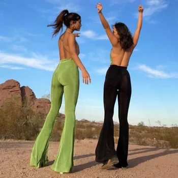 Модные эстетичные универсальные брюки-клеш 2023, однотонные обтягивающие брюки, весенние женские брюки с высокой талией, повседневные зеленые брюки полной длины