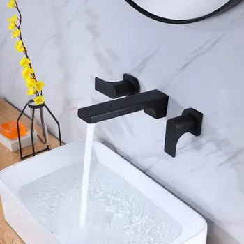 Модный современный черный Латунный смеситель для раковины в ванной Комнате, настенный, медь высшего качества, 2 ручки, смеситель для ванны с холодной и горячей водой