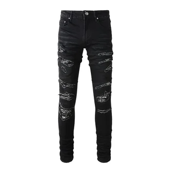 Мужская Черная потертая Приталенная Уличная одежда с разрушенными дырами, Лоскутные Обтягивающие Рваные джинсы
