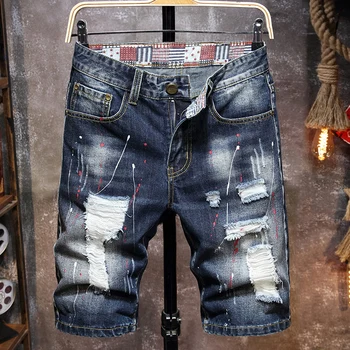 Мужские Рваные короткие джинсы с Граффити 2023, Летние Новые Модные Повседневные Джинсовые Шорты в стиле ретро с большими дырками, Мужская Брендовая одежда